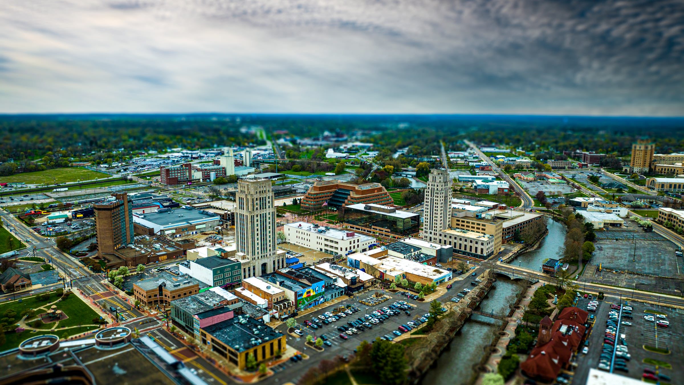 Downtown Battle Creek from the air: Heritage Tower, the Battle Creek Tower, and the river running past the city centre