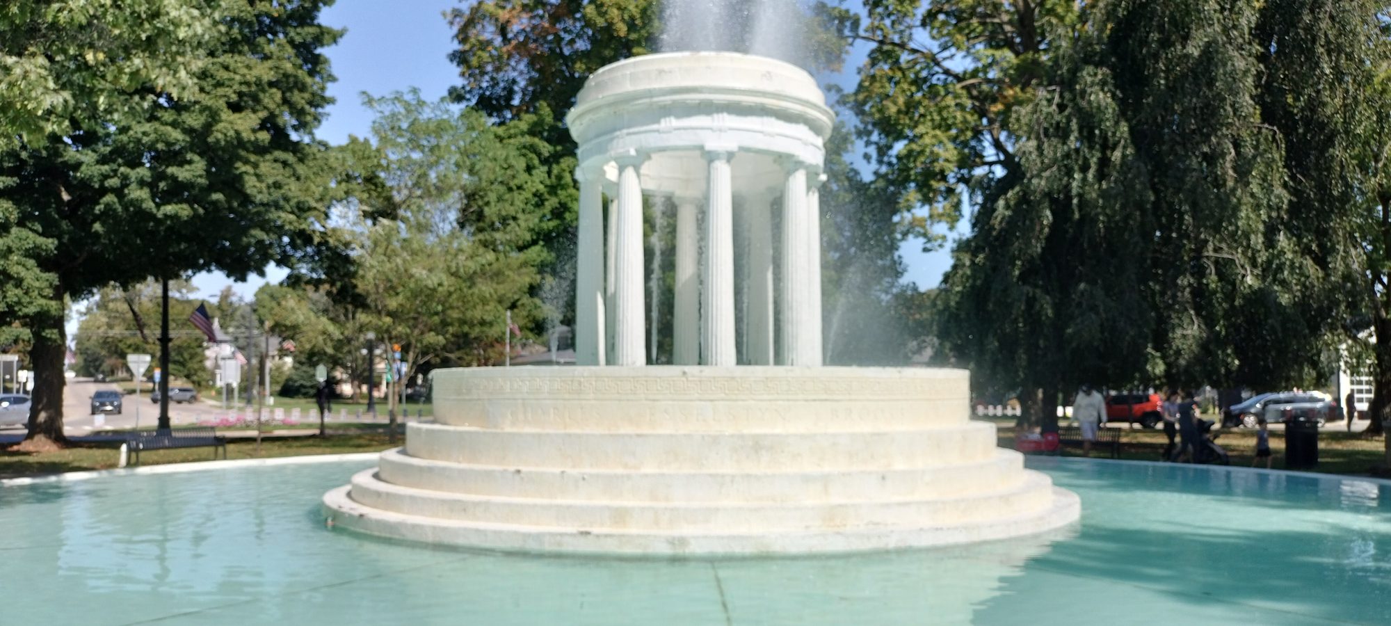 The Brooks Memorial Fountain on the circle in downtown Marshall, water running